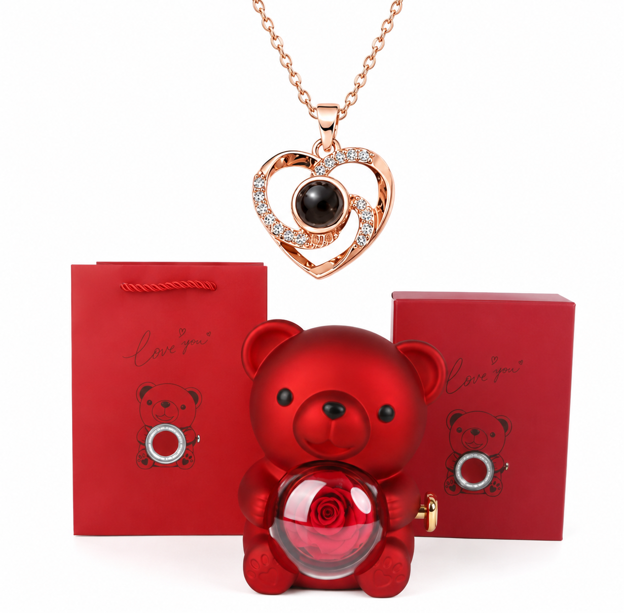 EL EMPAQUE COMPLETO  OSO 🐻 CON ROSA ETERNA Y UN COLLAR EN 100 IDIOMAS PARA ENAMORAR ❤️📦