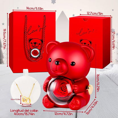 EL EMPAQUE COMPLETO  OSO 🐻 CON ROSA ETERNA Y UN COLLAR EN 100 IDIOMAS PARA ENAMORAR ❤️📦