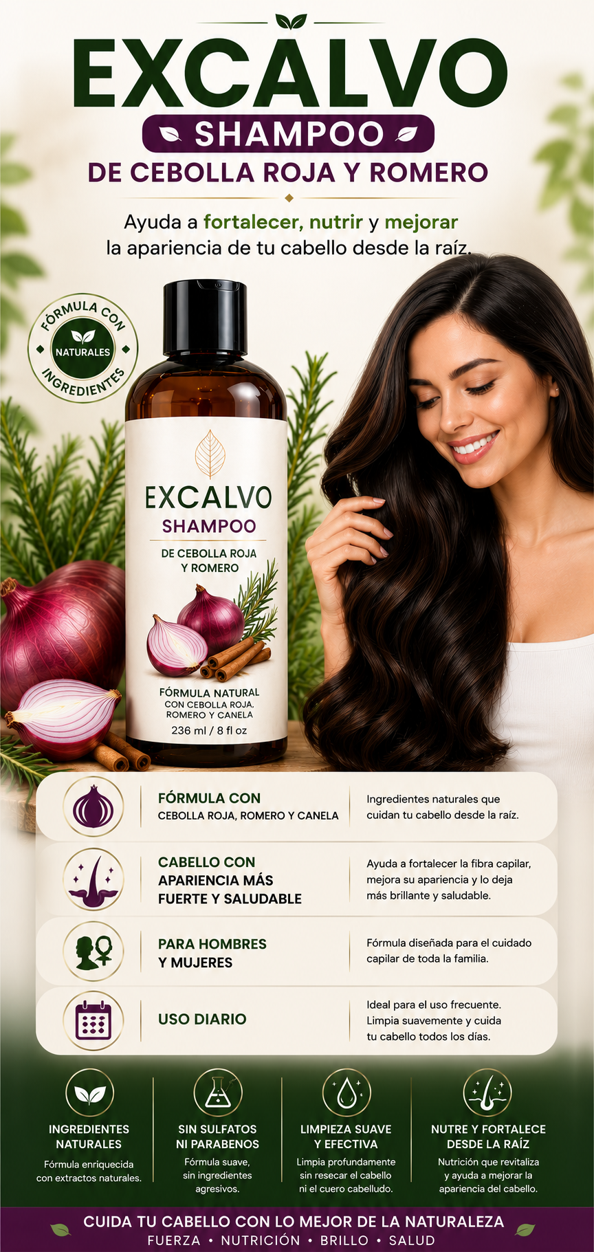 🌿 EXCALVO Shampoo de Cebolla Roja y Romero 🌿