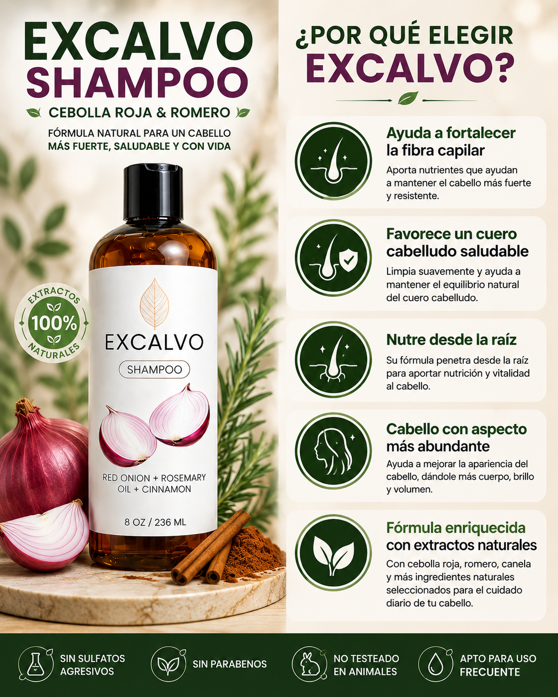 🌿 EXCALVO Shampoo de Cebolla Roja y Romero 🌿