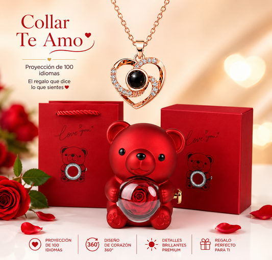 EL EMPAQUE COMPLETO  OSO 🐻 CON ROSA ETERNA Y UN COLLAR EN 100 IDIOMAS PARA ENAMORAR ❤️📦