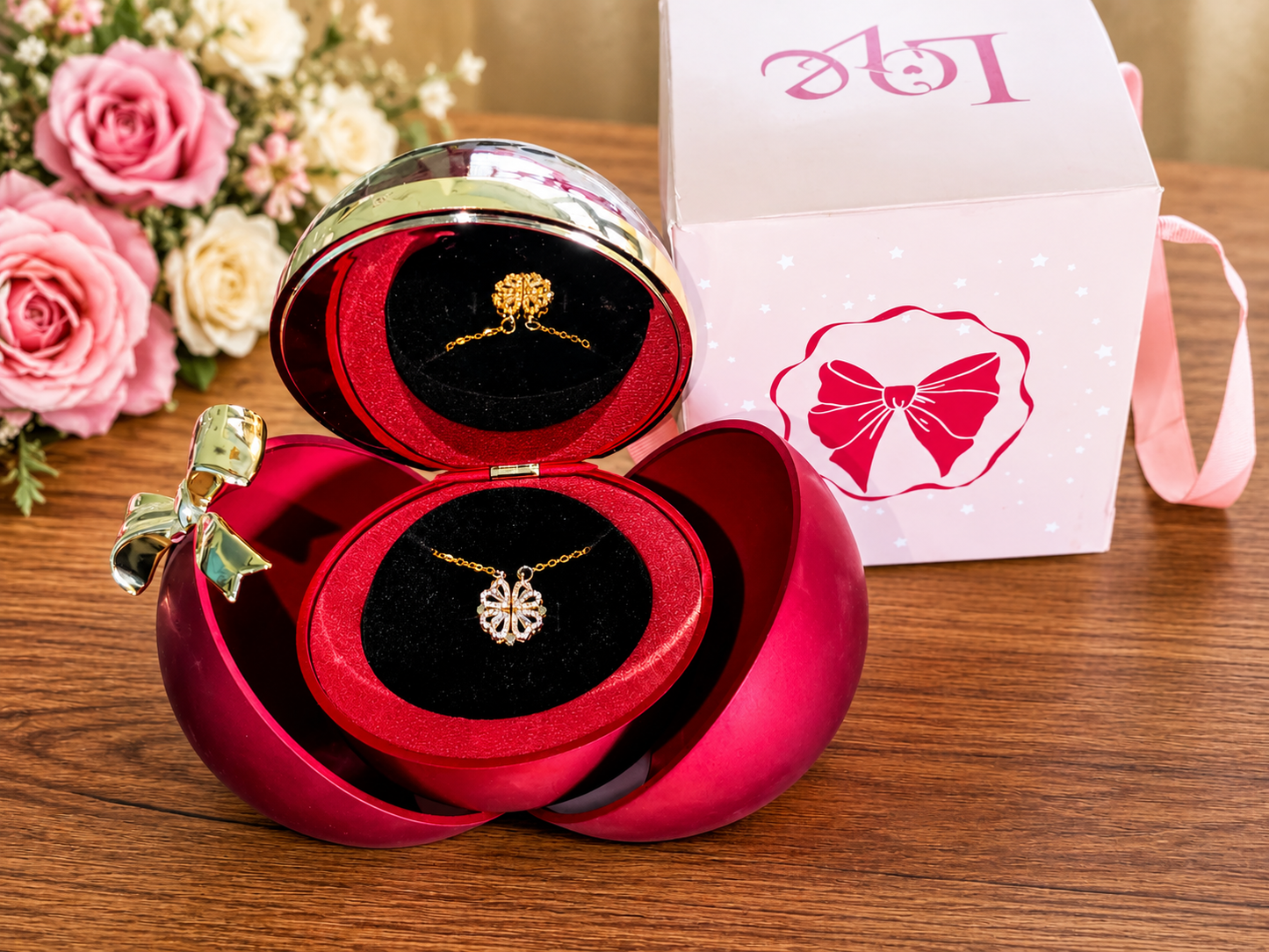 EMPAQUE BOLA ROJA Con collar de 4  corazones  ❤ para la buena suerte