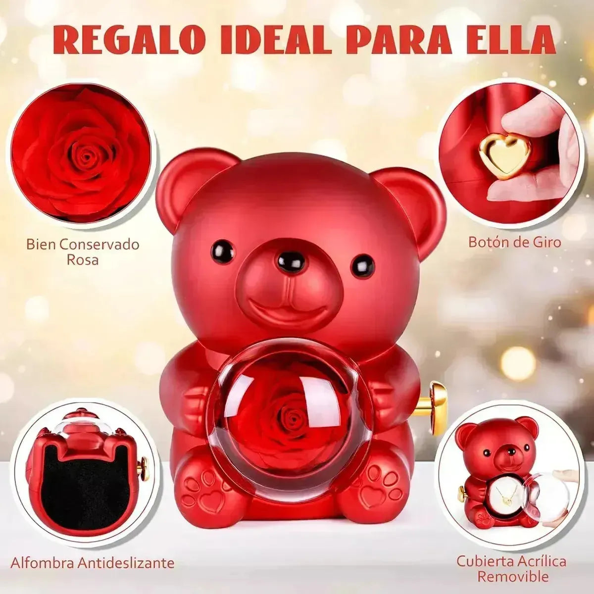 EL EMPAQUE COMPLETO  OSO 🐻 CON ROSA ETERNA Y UN COLLAR EN 100 IDIOMAS PARA ENAMORAR ❤️📦