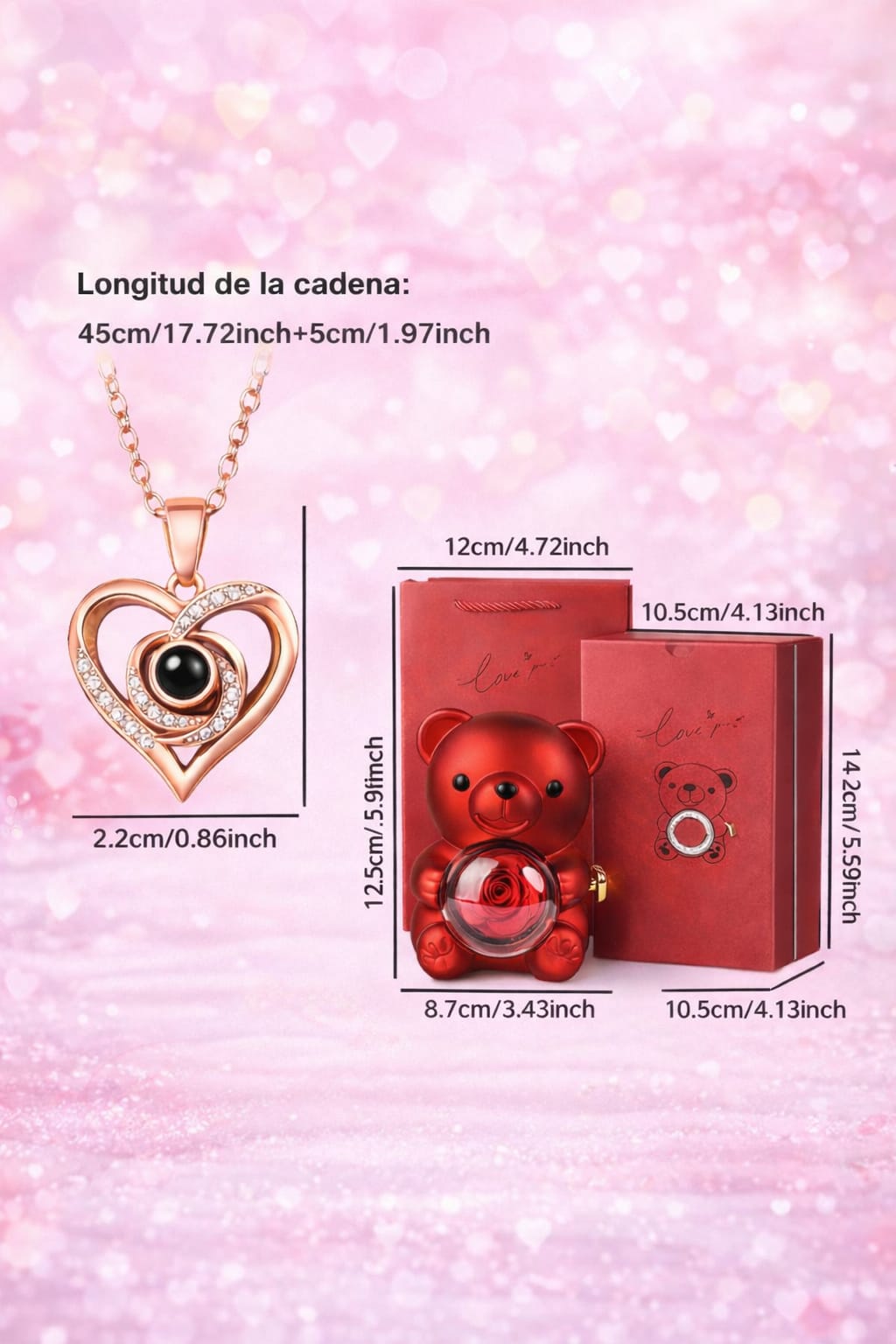 EL EMPAQUE COMPLETO  OSO 🐻 CON ROSA ETERNA Y UN COLLAR EN 100 IDIOMAS PARA ENAMORAR ❤️📦